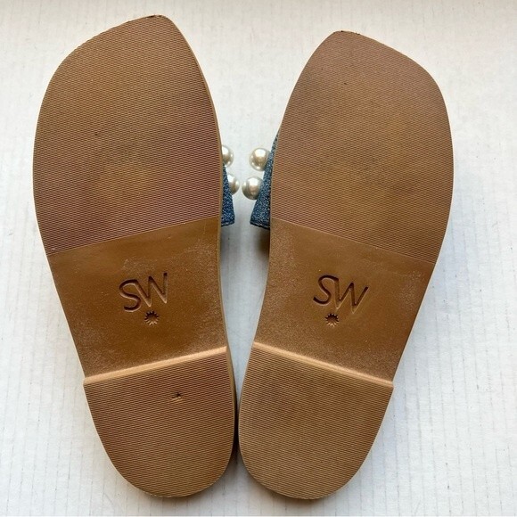 Stuart Weitzman Blue Denim Slide Flat Slip On Sandal Shoes w/ Pearls Women 5 B - Picture 13 of 14